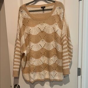 Jessica Simpson Open-Knit Striped Scoop Neck Sweater - Beige & White